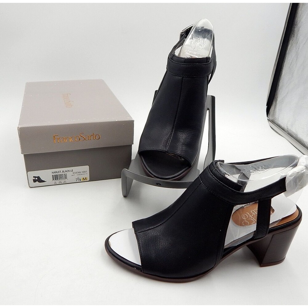 Franco Sarto Harlet Women’s 7.5M Heels Black Leather Open-Toe Slingback Sandals